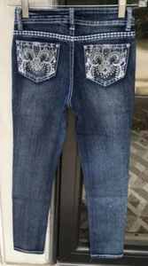 Girls Revolution by Revolt sz 10 Embellished Skinny Blue Jeans Fleur de Lis F5 - Picture 1 of 6