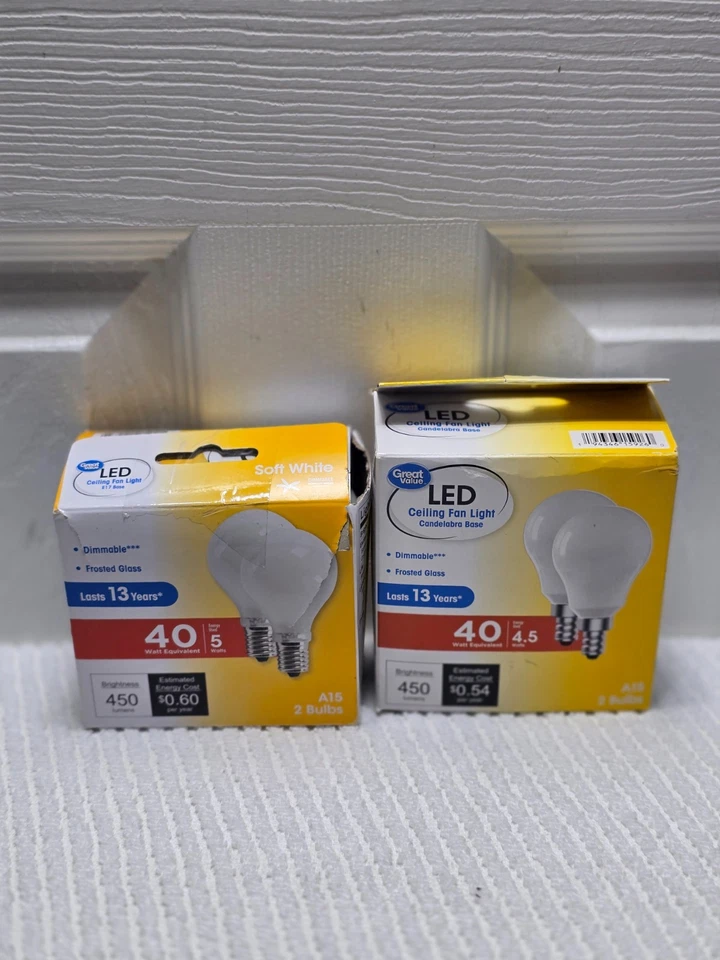 Lot Great Value LED Ceiling Fan Light E17 5W & 4.5W Candelabra A15 Dimmable (M - Image 1 of 4