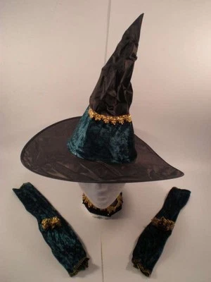 Renacimiento Bruja Sombrero Mangas Pulseras Gargantilla Adolescente Niña Disfraz Negro Verde Foto 1 de 4