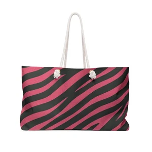 Pink Black Zebra Print Weekender Tote Bag, Oversized Travel Shoulder Bag - Picture 1 of 6