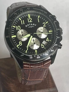 ROTARY Mens Watch Brown Leather Luminous hands Chronograph Tachymeter VGC - Picture 1 of 13