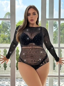 Sexy Plus Size Rhinestone Hollow Out Long Sleeves Backless Bodysuit Sleepwear - Picture 1 of 5