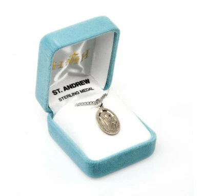 St. Andrew Sterling Silver Oval 0.9" Medal, Velvet Gift Box, 20" Chain, US Made - Image 1 of 4