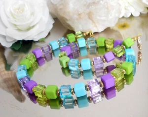 Modische Würfelkette Türkis Flieder Grün matt + klar - Collier - Bild 1 von 4
