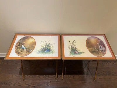 2 Vintage Wood Boy Girl Floral TV Tray Table Stand Foldable - Image 1 of 4