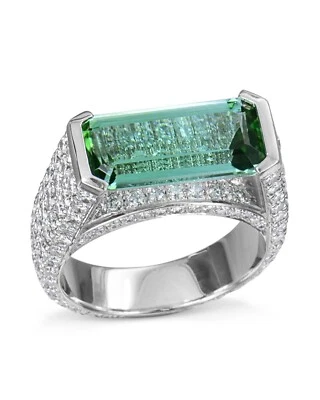 4.79CT Step-Cut Bluish-Green Tourmaline & Simulated White Sapphires Men's Ring - Image 1 of 4