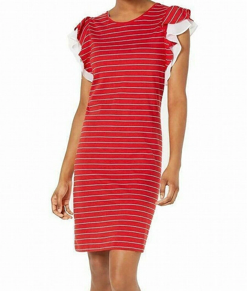 Maison Jules Womens T-shirt Dress Red Size XS Striped Flutter Sleeve 179