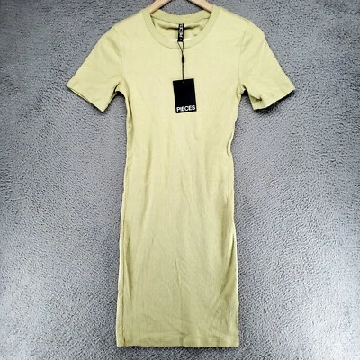 Предметы женщин Midi платье XS желтый ребристый хлопок смесь обтяжку экипажа - Изображение 1 из 4