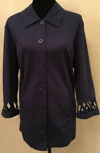 Denim & Co. Womens Jacket Large Blue 3/4 Length Cut Out Sleeves Cotton Stretch - Picture 1 of 10