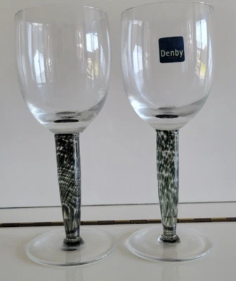 2 DENBY WATER WINE GOBLETS BLACK BUBBLE STEM 8.5 INCHES HOLDS 10 OZS - Image 1 of 4