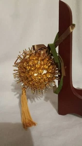 Vintage Christmas Tree Ornament Beaded Gold Handmade Sequin & Bead 3" - Picture 1 of 3