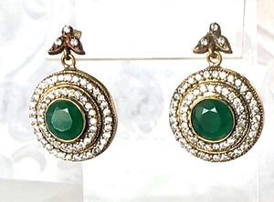 Vintage Emerald Pave Diamond CZ Sterling Silver Gold Plated Stud Earrings - Picture 1 of 4