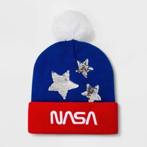 Girls NASA Flip Sequin Beanie Hat - Red Blue OSFM - Picture 1 of 1
