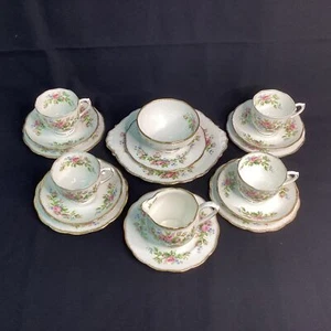 17pc Roslyn Bone China "Moss Rose" Tea Cup Trio, Creamer & Bowl Set (K4) W#698 - Picture 1 of 13