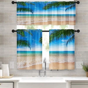 Beach Kitchen Curtains Tropical Palm Window Curtains Valance and Tier Set 36 Inc - Picture 1 of 7