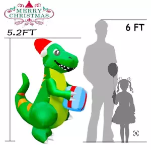 5Ft Tall Christmas Inflatables Green Dinosaur, with Christmas Hat & Present LED - Picture 1 of 1