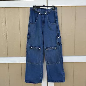 Y2K Liquid Lagoon Wide Leg Denim Jeans Size 32x30 Skater Baggy Cargo Pockets - Picture 1 of 10