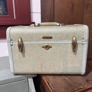 Vintage 1950s SAMSONITE Mint Green Tweed Train Case Luggage Make Up Carry On - Picture 1 of 9
