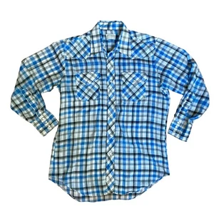 Vintage Lee Long-Sleeve Western Shirt Pearl Snap Blue Plaid Men's - Picture 1 of 5