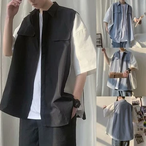 Men's Retro High Street Casual Loose Tops with Short Sleeves Two Pieces - Picture 1 of 52