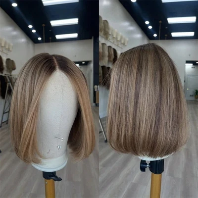 Pelucas de cabello humano 100 % frontal de encaje Balayage rubio ceniza sucio oscuro resaltado 13x4 Foto 1 de 4