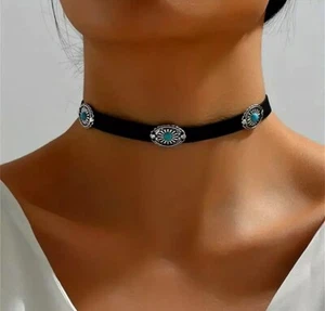 Collar Gargantilla Negro Cuero Suave con Concho Bohemio Boho Plata y Turquesa - Imagen 1 de 9