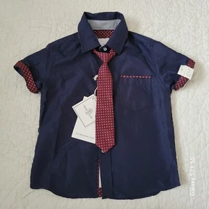 NEW Boy's Craft+Flow Navy Button Down Shirt Tie attached Toddler 4T NWT - Picture 1 of 7