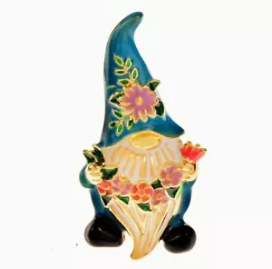 Enamel Flower Gnome Brooch Pin With Gold Tone Accents - Picture 1 of 2