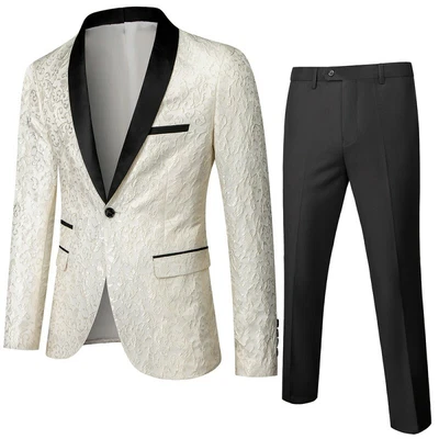 Traje de novio para hombre 2 PIEZAS Blazer Chaqueta Pantalones Un Botón Calce Ajustado Floral Boda L  Foto 1 de 4