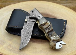 RAM HONR HANDLE ,DAMASCUS STEEL BLADE ,FOLDING KNIFE WITH LEATHER SHEATH. - Picture 1 of 8