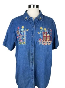 Bobbie Brooks 18/20W Denim Shirt Embroidered Chicken Coupe Sunflower Vintage - Picture 1 of 11