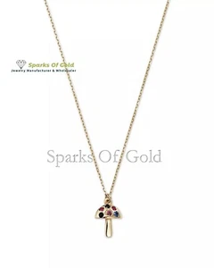 Multi Sapphire Mushroom Charm Necklace 14k Yellow Gold Handmade Jewelry Gift - Picture 1 of 2
