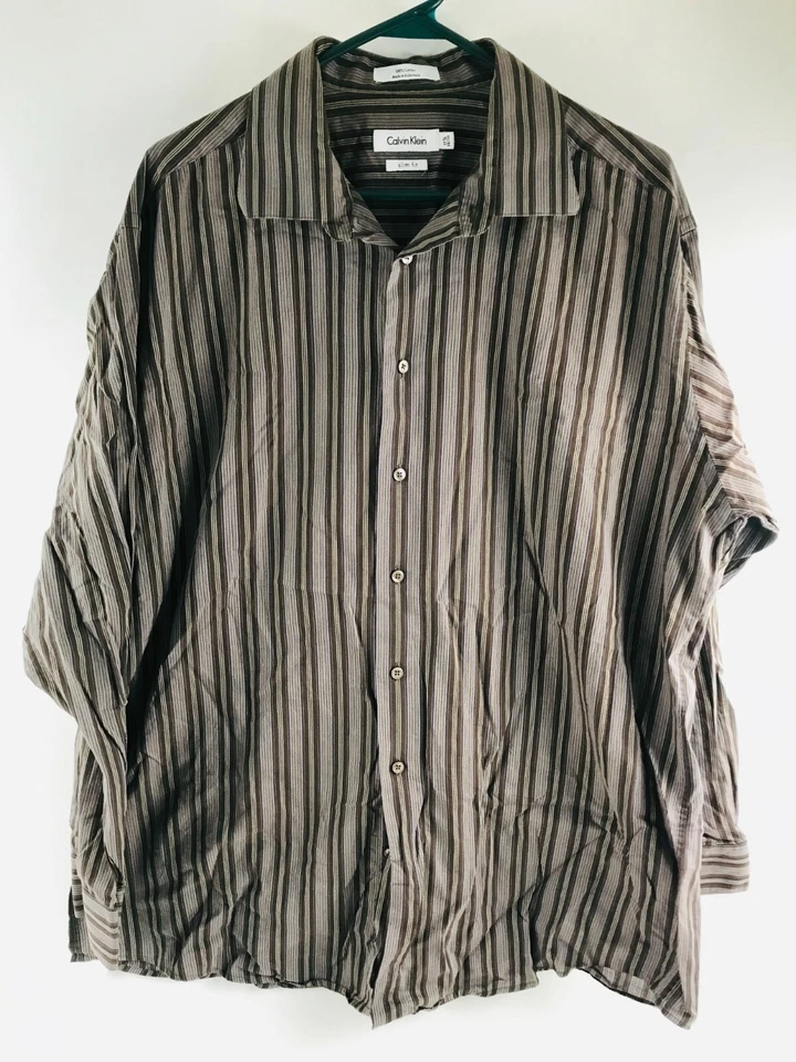 Camisa Calvin Klein Para Hombre Talla 17.5 34/35 Marrón Rayas Abotonada Calce Ajustado Foto 1 de 4