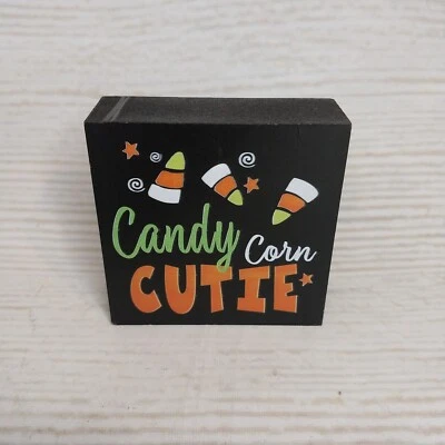 New! "Candy Corn Cutie" Halloween Decor Trick or Treat Wood Block Sign Witch