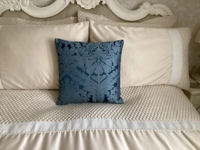Denim Blue Italian silk damask reversible Hand made UK  Decorative cushion cover - Image 1 of 4