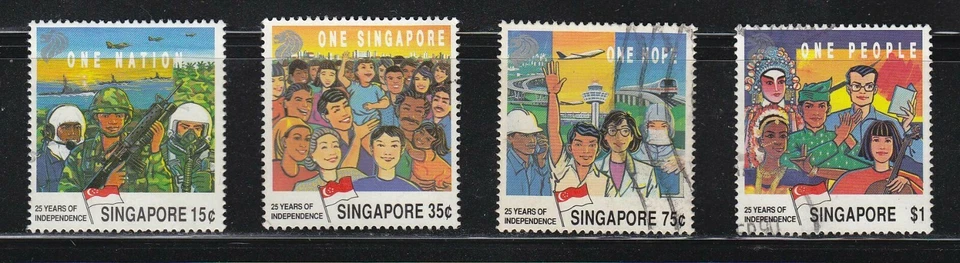 SINGAPORE 1990 25 YEARS OF INDEPENDENCE COMP. SET 4 STAMPS SC#576-579 FINE USED - Image 1 of 1