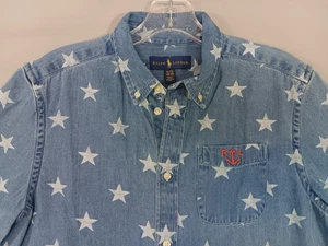 Camisa Ralph Lauren Para Hombres XL Azul Denim Estampado de Estrellas Manga Corta Bolsillo Occidental RL - Imagen 1 de 8