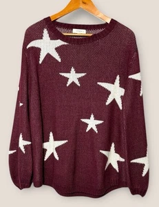 Umgee Women’s Crochet Knit White Star Print Maroon Long Sleeve Sweater Size XL - Picture 1 of 9