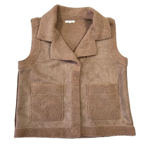Gilet Maurices ecopelle scamosciata orlo sherpa marrone tasche donna M boho western cowgirl - Foto 1 di 7
