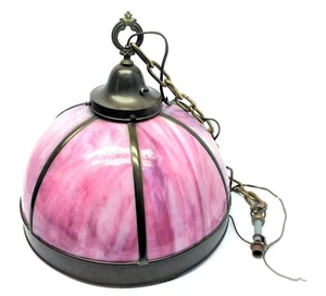 Retro Purple Pink Stained Glass Slag 70s Chandelier Electric Hanging Light Parts - Picture 1 of 12