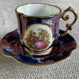 VTG Limoges France Demitasse Gold Trim Porcelain Purple Blue Gold Cup Saucer - Picture 1 of 12