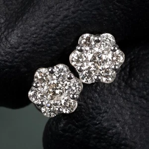 Unisex Solid 10k White Gold  0.38Ct Natural Diamond Cluster Small Stud Earrings - Picture 1 of 6