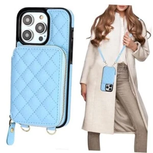 Crossbody Wallet Case for iPhone 14 Pro, RFID Blocking PU Leather Zipper Blue - Picture 1 of 8