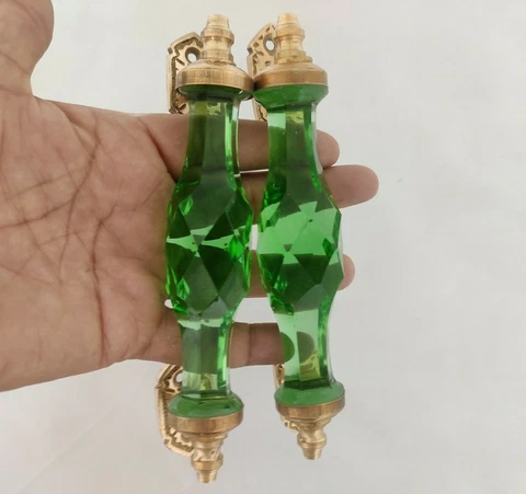 2 Pcs Vntg Look Light Green Victorian Cut Glass and Brass Pull Push Door Handle Cover