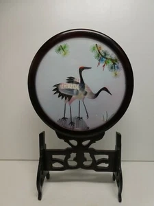 ORIGINAL GLASS FRAMED JAPANESE SILK EMBROIDERY PANEL CRANES ORNATE TIMBER STAND - Picture 1 of 8