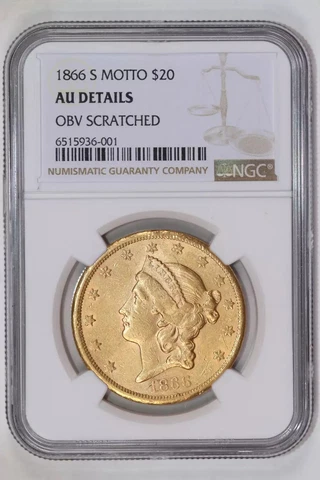 1866-S MOTTO $20 GOLD LIBERTY HEAD DOUBLE EAGLE NGC AU DETAILS Cover