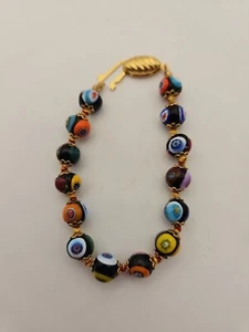 Vintage Millefiori Multi-Colored Glass Beaded Bracelet 7.5" - Picture 1 of 10