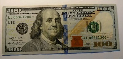 2009 $100.00 Federal Reserve Star Note. Star note, Serial Number L L 06361200*  - Image 1 of 4