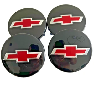 4x Black Chevy Wheel Center Caps Chrome Red Emblem Chevrolet Silverado Tahoe 14+ - Picture 1 of 4