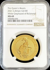 2021 GOLD GREAT BRITAIN 100 POUNDS GREYHOUND OF RICHMOND QUEENS BEAST NGC MS 69 - Picture 1 of 2